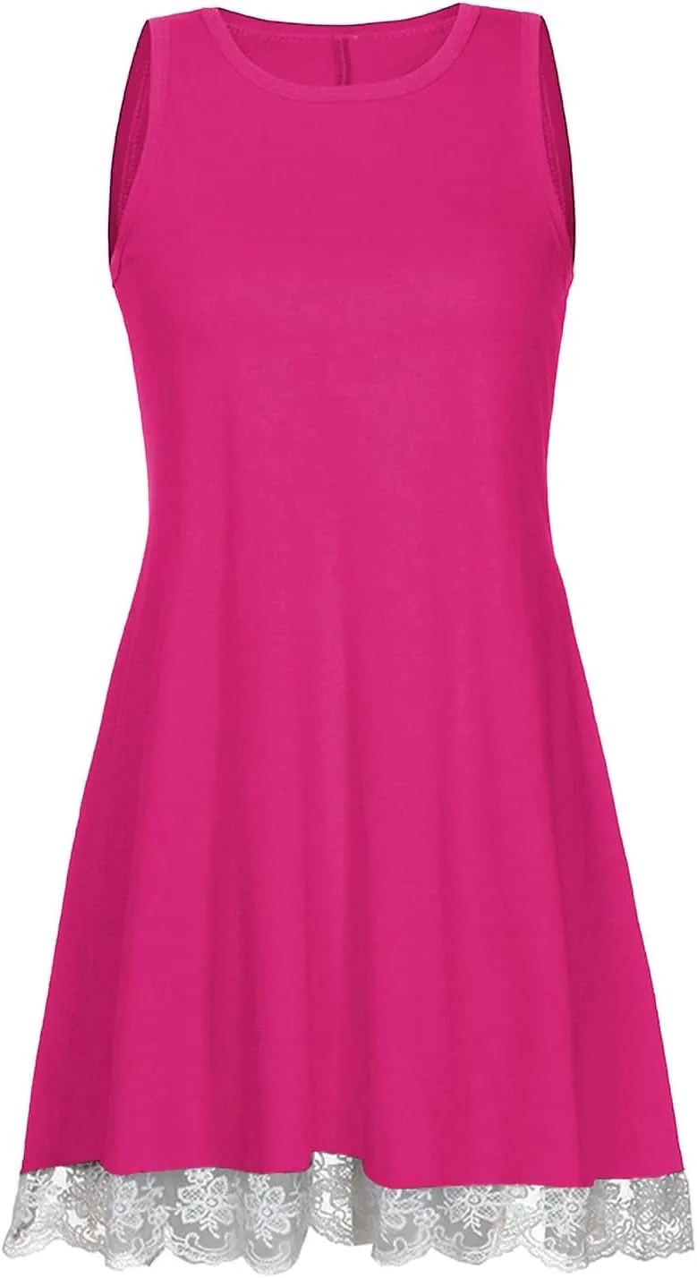 Women Summer Casual Tank Dress Sundress Round-Neck Sleeveless Mini Dress Lace Design Midi Dress Vacation Beach Dress