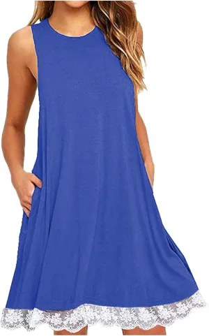 Women Summer Casual Tank Dress Sundress Round-Neck Sleeveless Mini Dress Lace Design Midi Dress Vacation Beach Dress