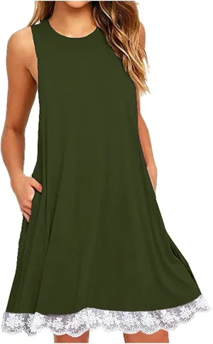Women Summer Casual Tank Dress Sundress Round-Neck Sleeveless Mini Dress Lace Design Midi Dress Vacation Beach Dress