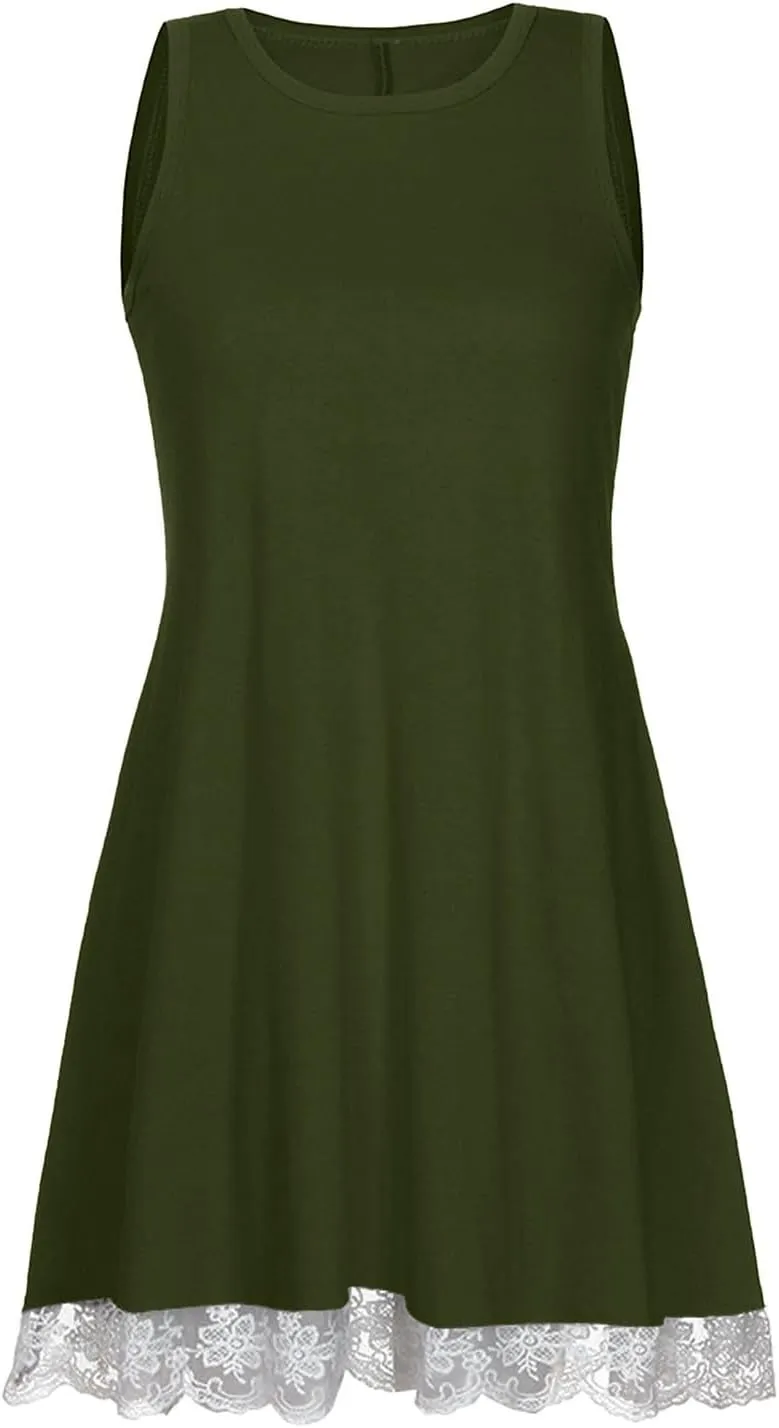 Women Summer Casual Tank Dress Sundress Round-Neck Sleeveless Mini Dress Lace Design Midi Dress Vacation Beach Dress