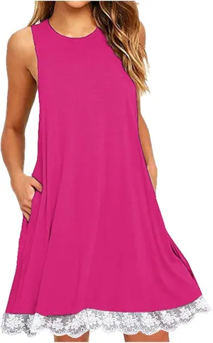 Women Summer Casual Tank Dress Sundress Round-Neck Sleeveless Mini Dress Lace Design Midi Dress Vacation Beach Dress