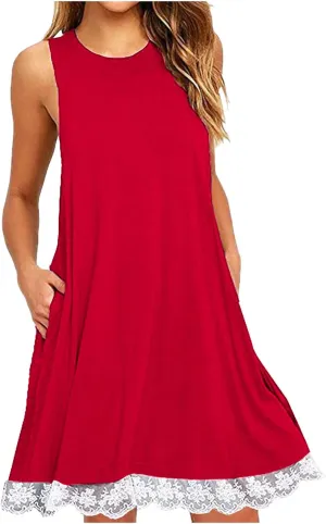 Women Summer Casual Tank Dress Sundress Round-Neck Sleeveless Mini Dress Lace Design Midi Dress Vacation Beach Dress
