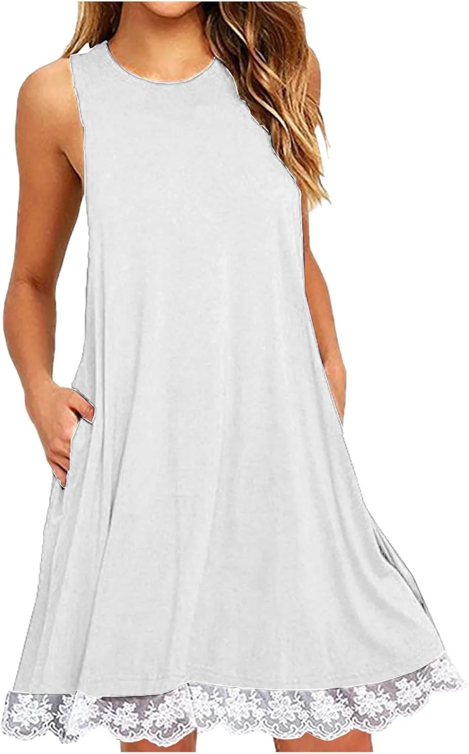 Women Summer Casual Tank Dress Sundress Round-Neck Sleeveless Mini Dress Lace Design Midi Dress Vacation Beach Dress