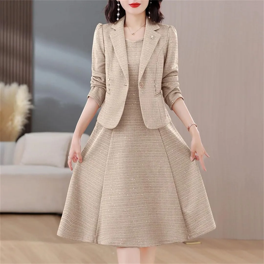Women Summer Cotton and Linen Suit Set Commuting Long Sleeve Suit Coat Long Skirt Two Piece Set