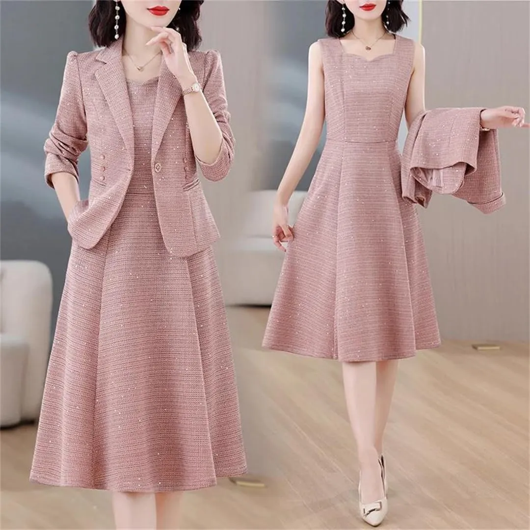 Women Summer Cotton and Linen Suit Set Commuting Long Sleeve Suit Coat Long Skirt Two Piece Set