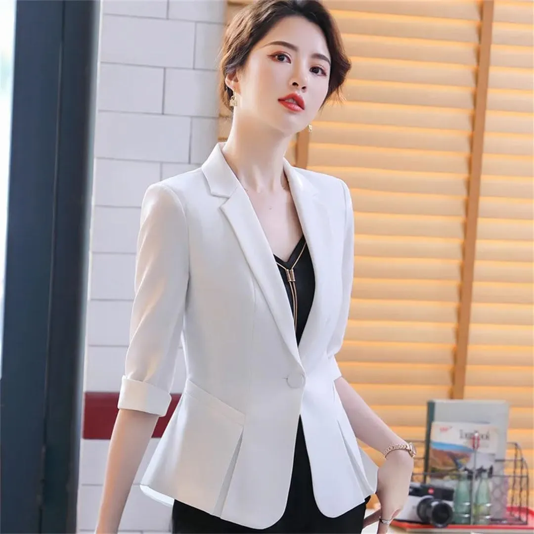 Women Summer Half Sleeve Temperament Slim Blazer Jacket Office Ladies Formal Work Coat