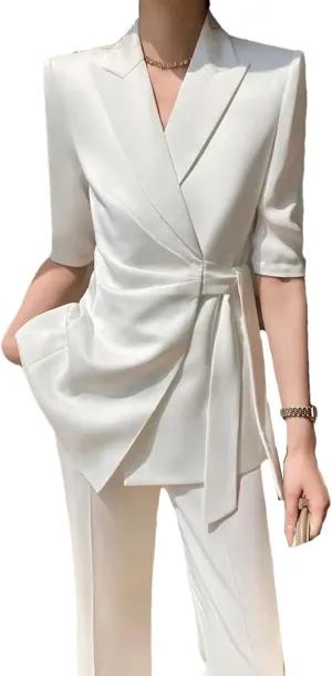 Women Summer Slim Fit Lace Up Casual Suit Coat Wide Leg Pant Two Piece Set Outfits