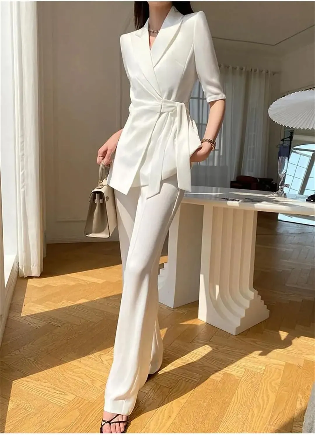 Women Summer Slim Fit Lace Up Casual Suit Coat Wide Leg Pant Two Piece Set Outfits
