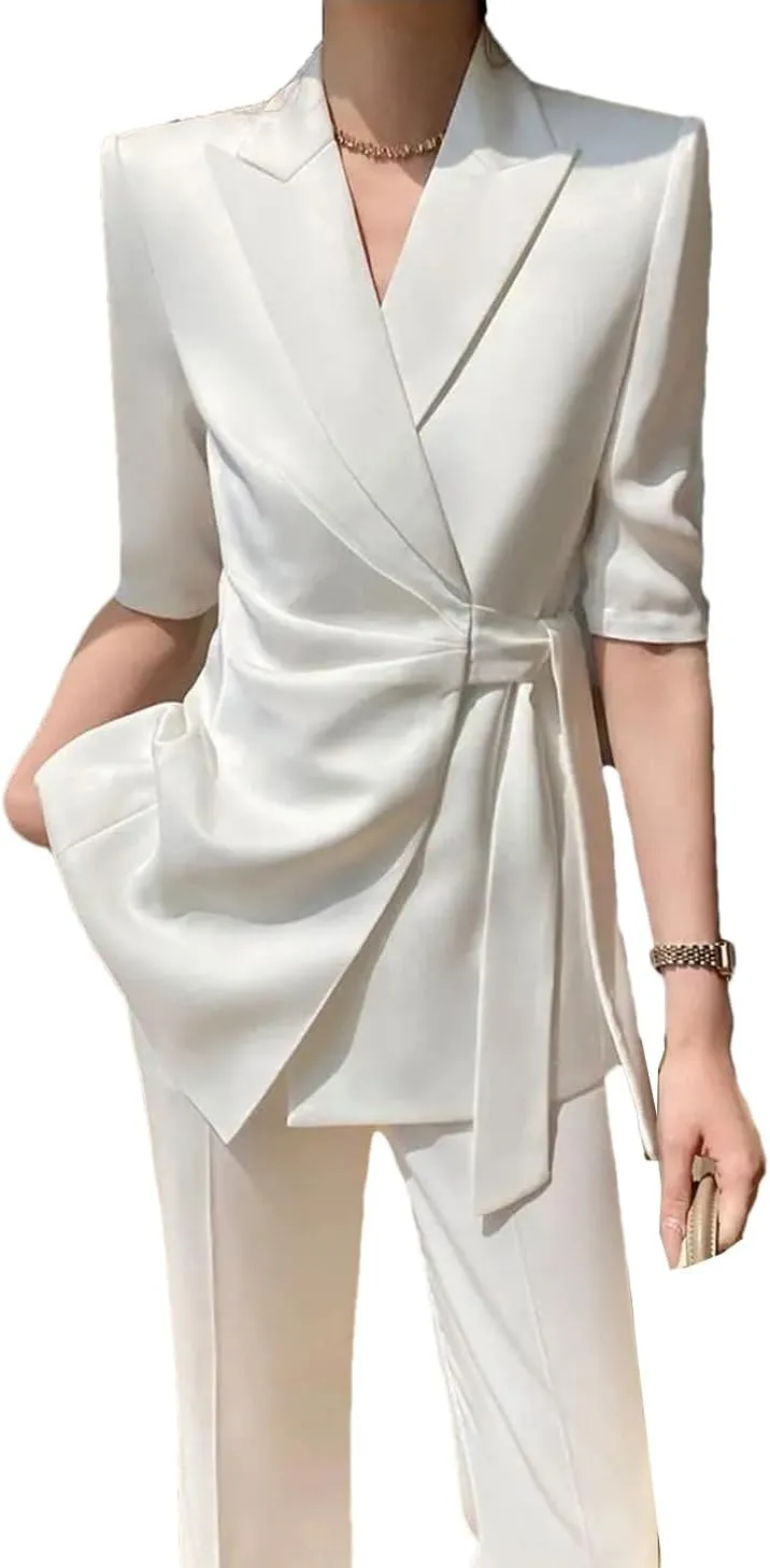 Women Summer Slim Fit Lace Up Casual Suit Coat Wide Leg Pant Two Piece Set Outfits
