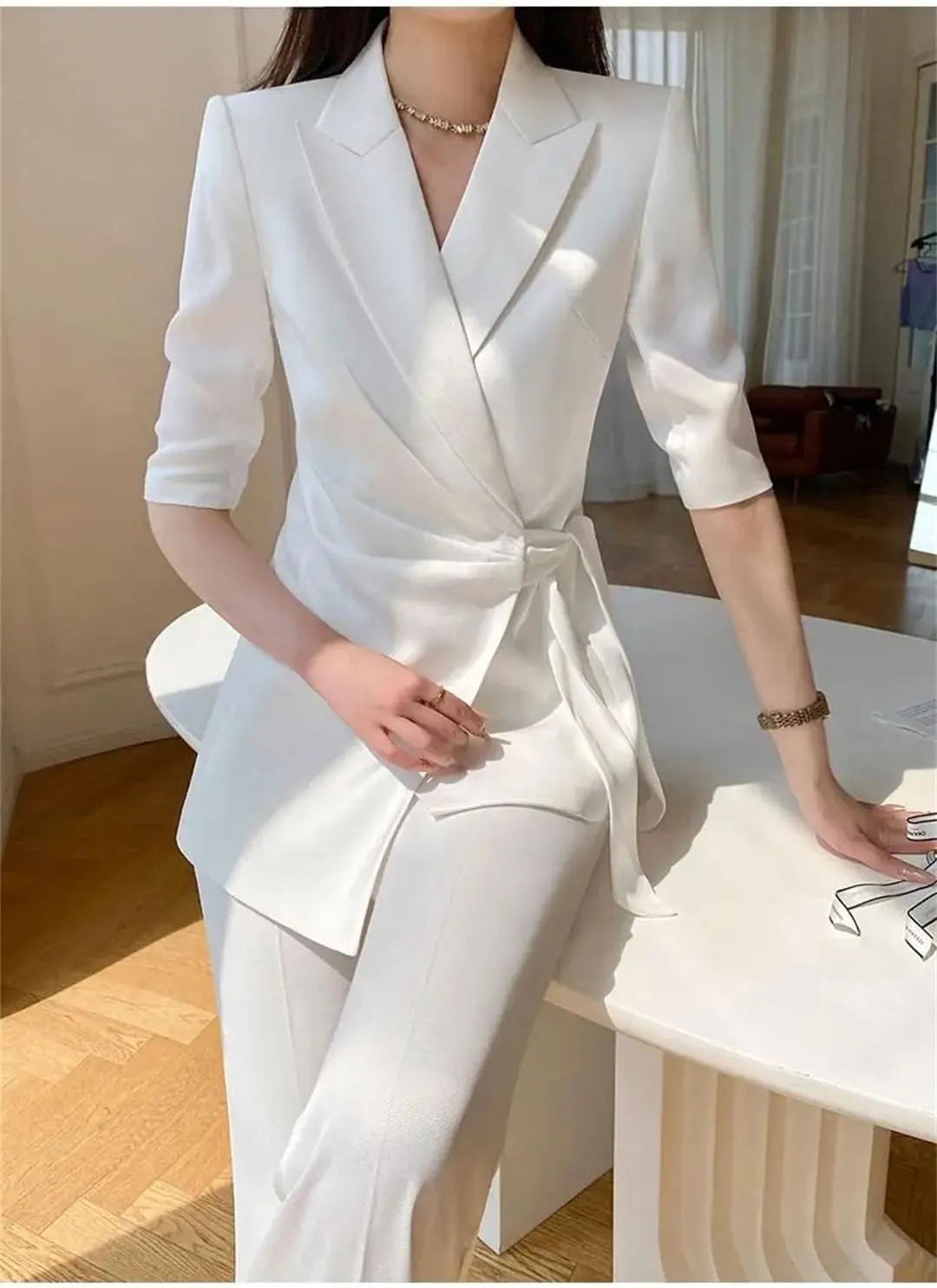 Women Summer Slim Fit Lace Up Casual Suit Coat Wide Leg Pant Two Piece Set Outfits