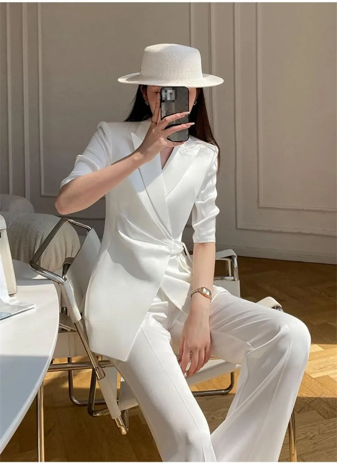 Women Summer Slim Fit Lace Up Casual Suit Coat Wide Leg Pant Two Piece Set Outfits