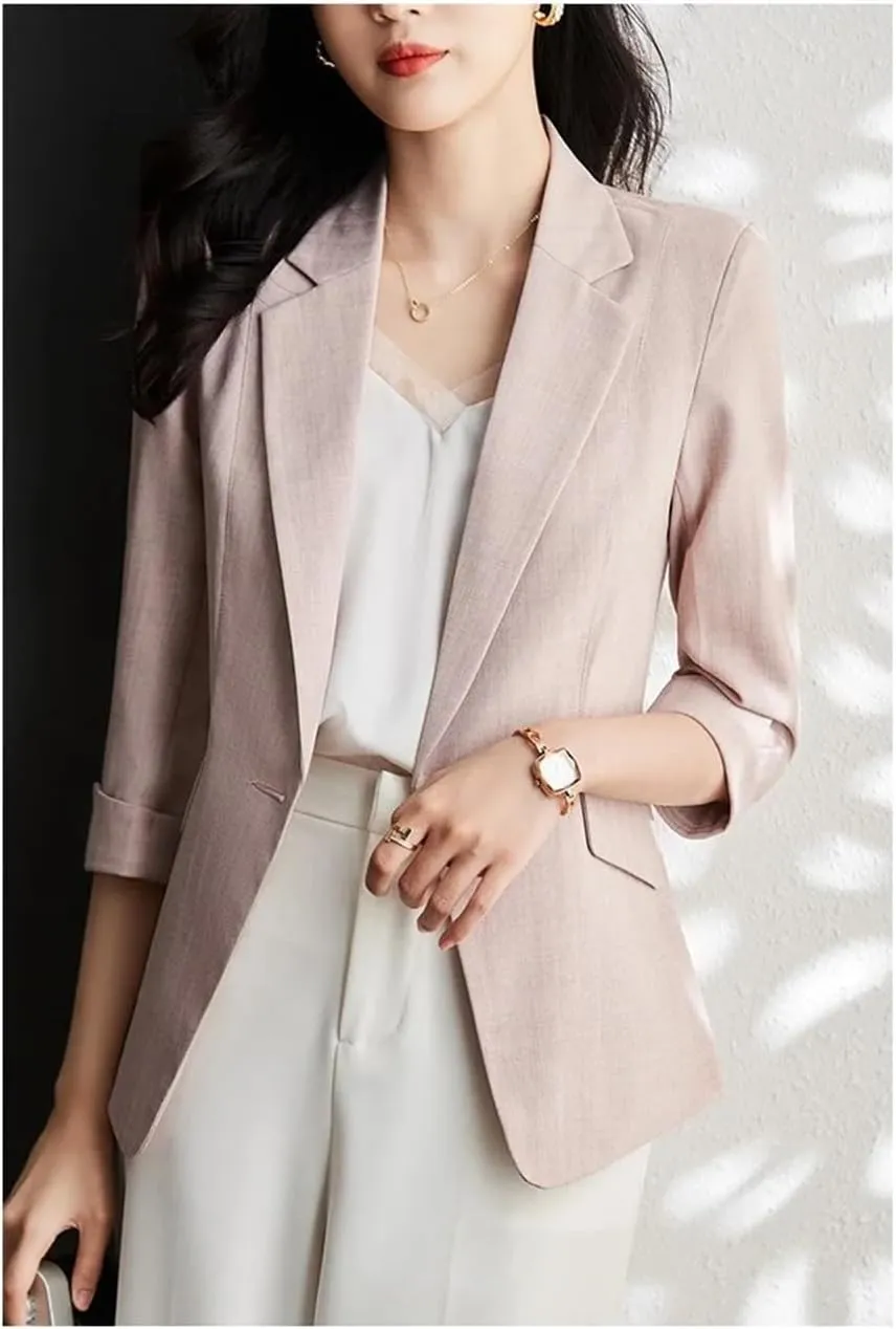 Women Three-Quarter Sleeves Blazer Jacket Office Ladies Work Uniform Outerwear Coat