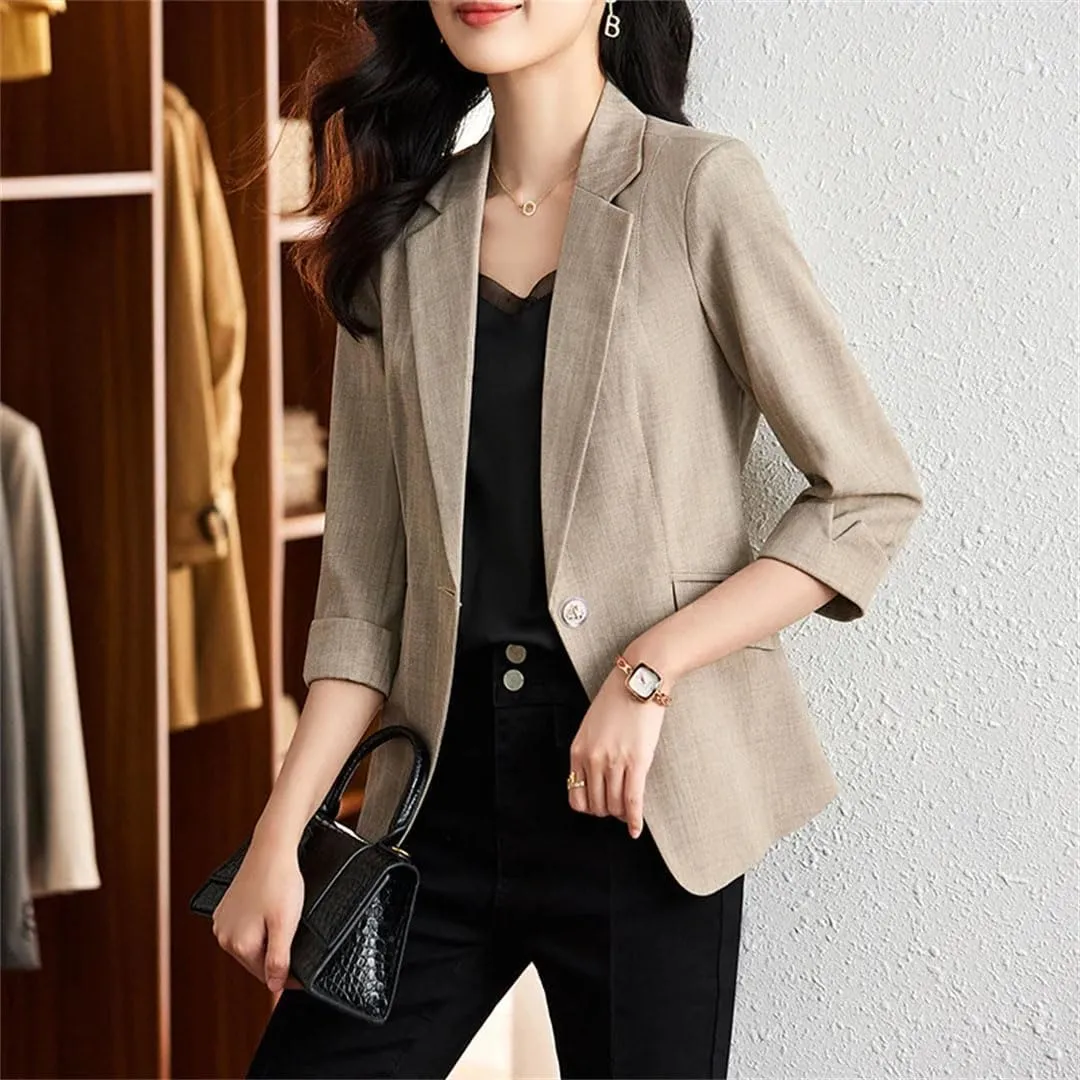 Women Three-Quarter Sleeves Blazer Jacket Office Ladies Work Uniform Outerwear Coat