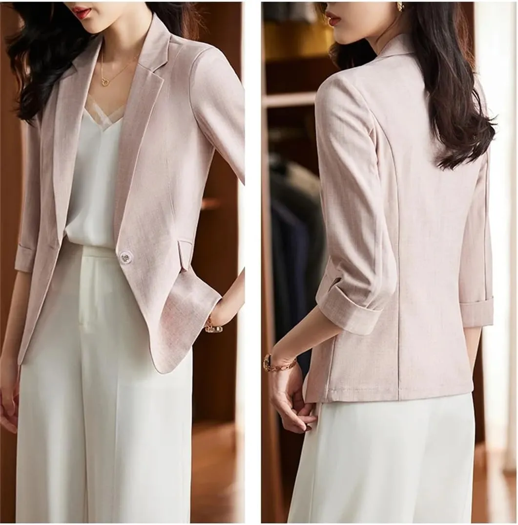 Women Three-Quarter Sleeves Blazer Jacket Office Ladies Work Uniform Outerwear Coat