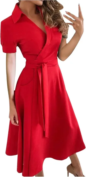Womens 3/4 Short Sleeve Wrap Dress Lapel V Neck Shirt Dress Casual A Line Midi Dress with Pockets Professional Dresses