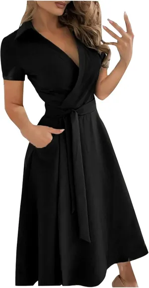 Womens 3/4 Short Sleeve Wrap Dress Lapel V Neck Shirt Dress Casual A Line Midi Dress with Pockets Professional Dresses