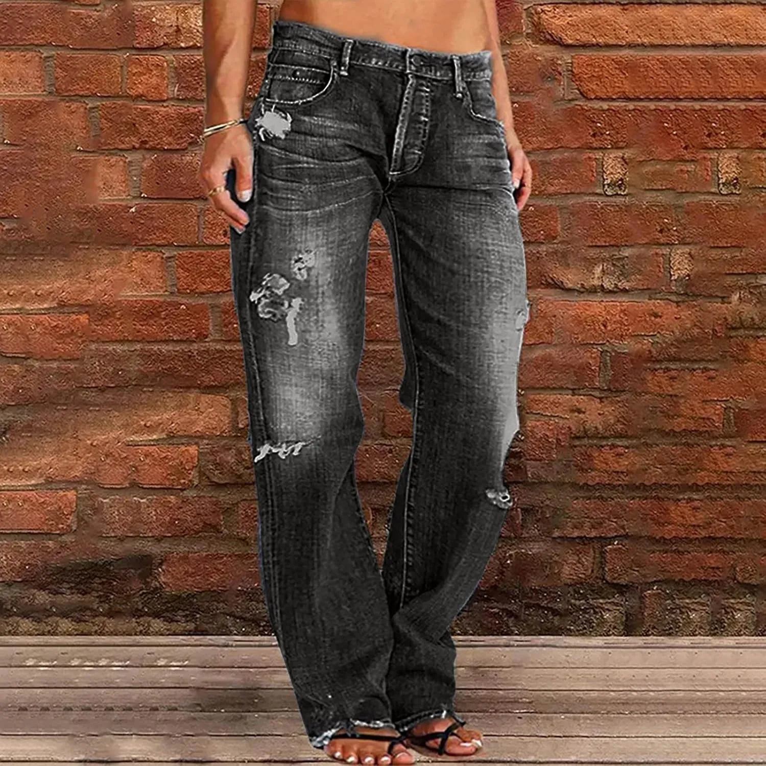 Womens Baggy Jeans Vintage Y2K Bootcut Denim Pants Ripped Jeans Womens High Waisted Straight Leg Pants with Pockets