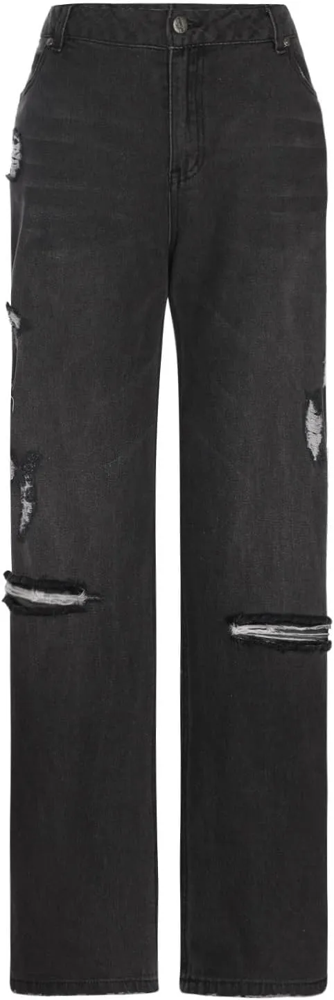 Womens Baggy Jeans Vintage Y2K Bootcut Denim Pants Ripped Jeans Womens High Waisted Straight Leg Pants with Pockets