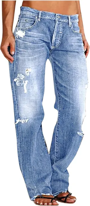 Womens Baggy Jeans Vintage Y2K Bootcut Denim Pants Ripped Jeans Womens High Waisted Straight Leg Pants with Pockets
