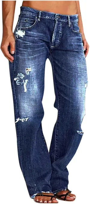 Womens Baggy Jeans Vintage Y2K Bootcut Denim Pants Ripped Jeans Womens High Waisted Straight Leg Pants with Pockets