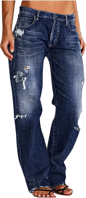 Womens Baggy Jeans Vintage Y2K Bootcut Denim Pants Ripped Jeans Womens High Waisted Straight Leg Pants with Pockets