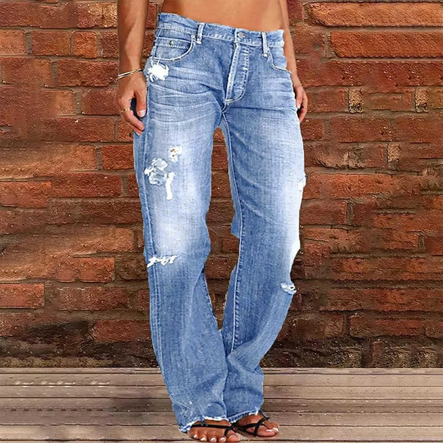 Womens Baggy Jeans Vintage Y2K Bootcut Denim Pants Ripped Jeans Womens High Waisted Straight Leg Pants with Pockets