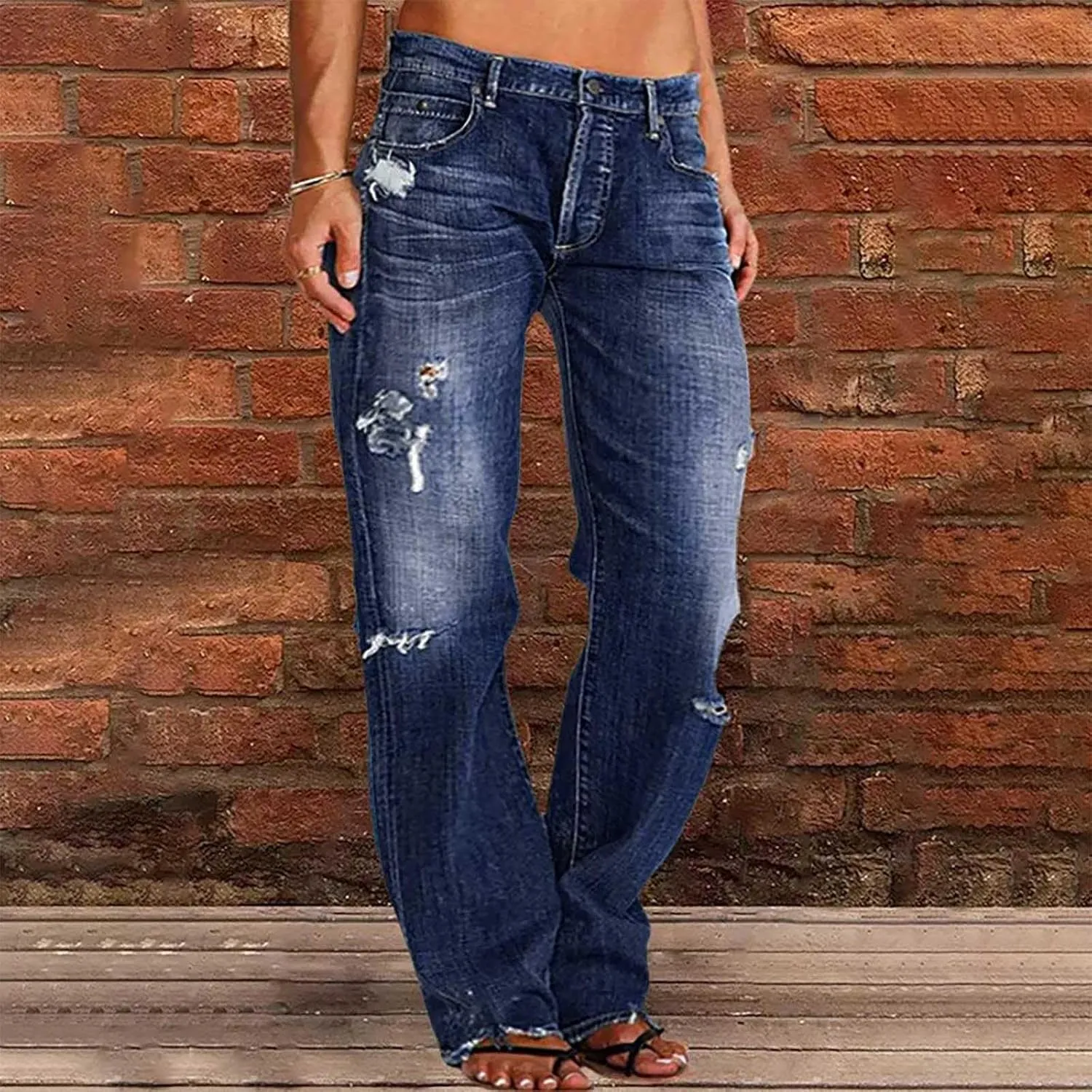 Womens Baggy Jeans Vintage Y2K Bootcut Denim Pants Ripped Jeans Womens High Waisted Straight Leg Pants with Pockets
