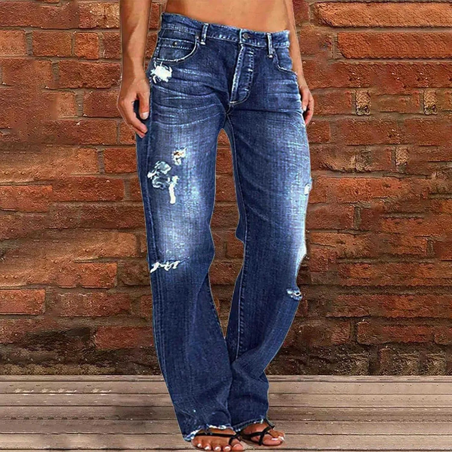 Womens Baggy Jeans Vintage Y2K Bootcut Denim Pants Ripped Jeans Womens High Waisted Straight Leg Pants with Pockets