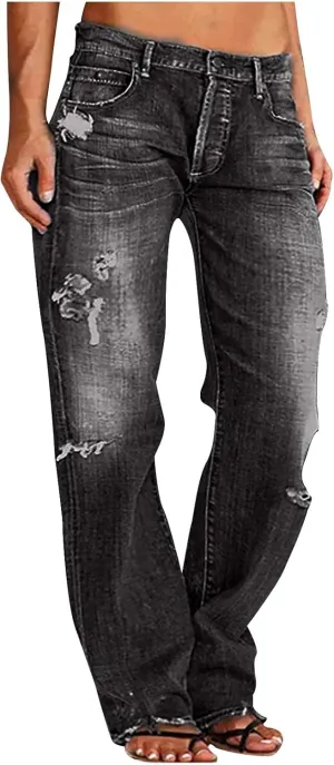 Womens Baggy Jeans Vintage Y2K Bootcut Denim Pants Ripped Jeans Womens High Waisted Straight Leg Pants with Pockets