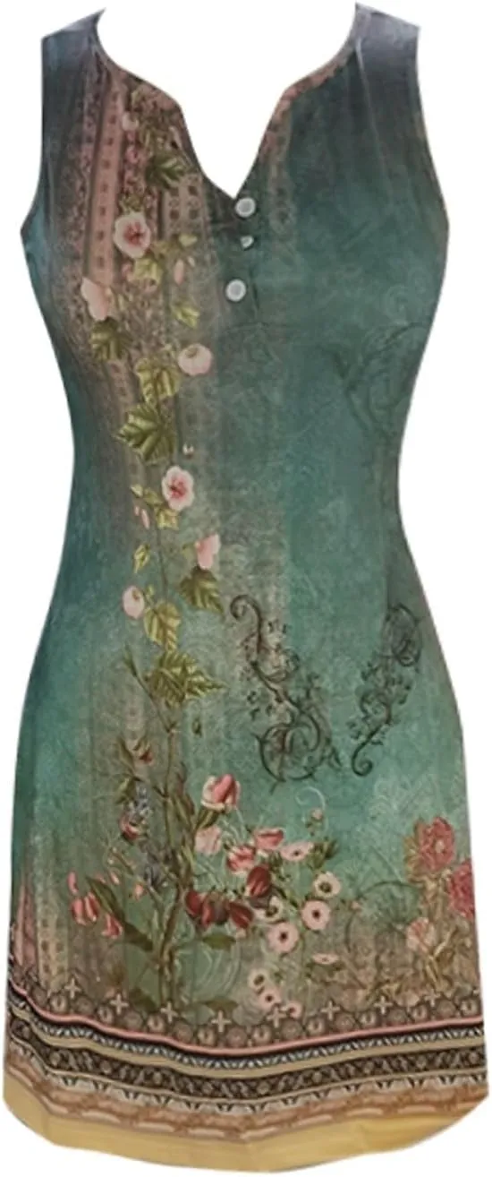 Women's Boho Midi Dress 2024 Summer Casual Sleeveless Button V Neck Trendy Dress Plus Size Floral Sexy Party Dress