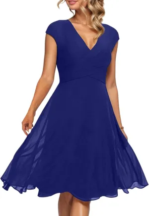 Women's Cocktail Dress Wrap V Neck Ruffle Short Sleeve A Line Work Formal Wedding Guest Midi Dress