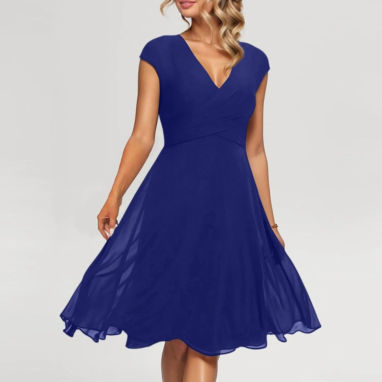 Women's Cocktail Dress Wrap V Neck Ruffle Short Sleeve A Line Work Formal Wedding Guest Midi Dress