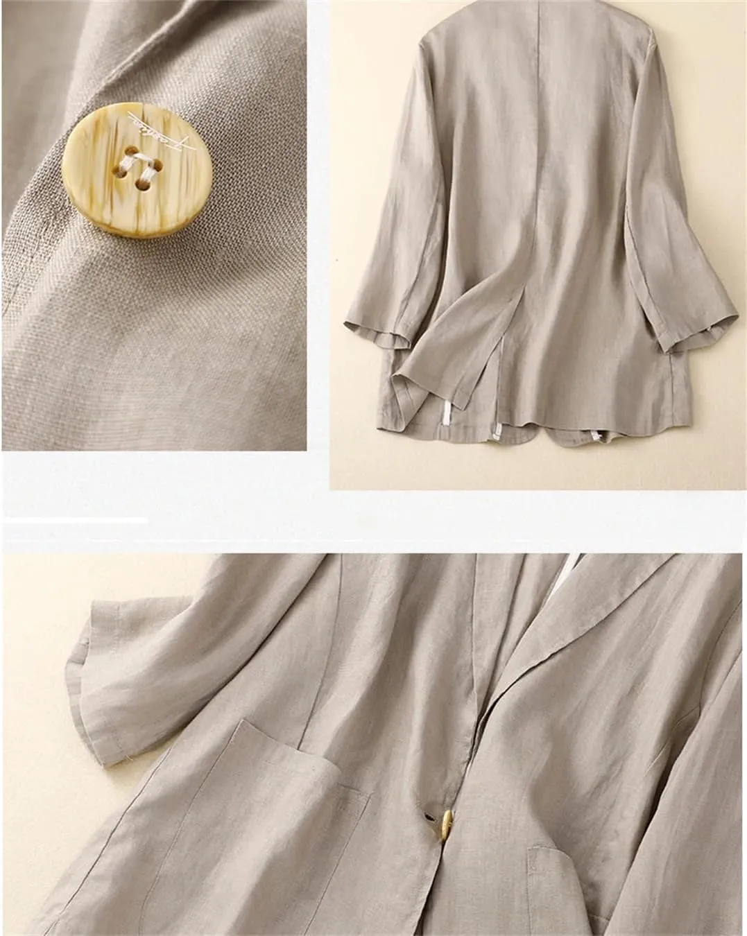 Women's Cotton and Linen Solid Color 3/4 Sleeve Suit Jacket Spring Autumn Loose Casual Blazer
