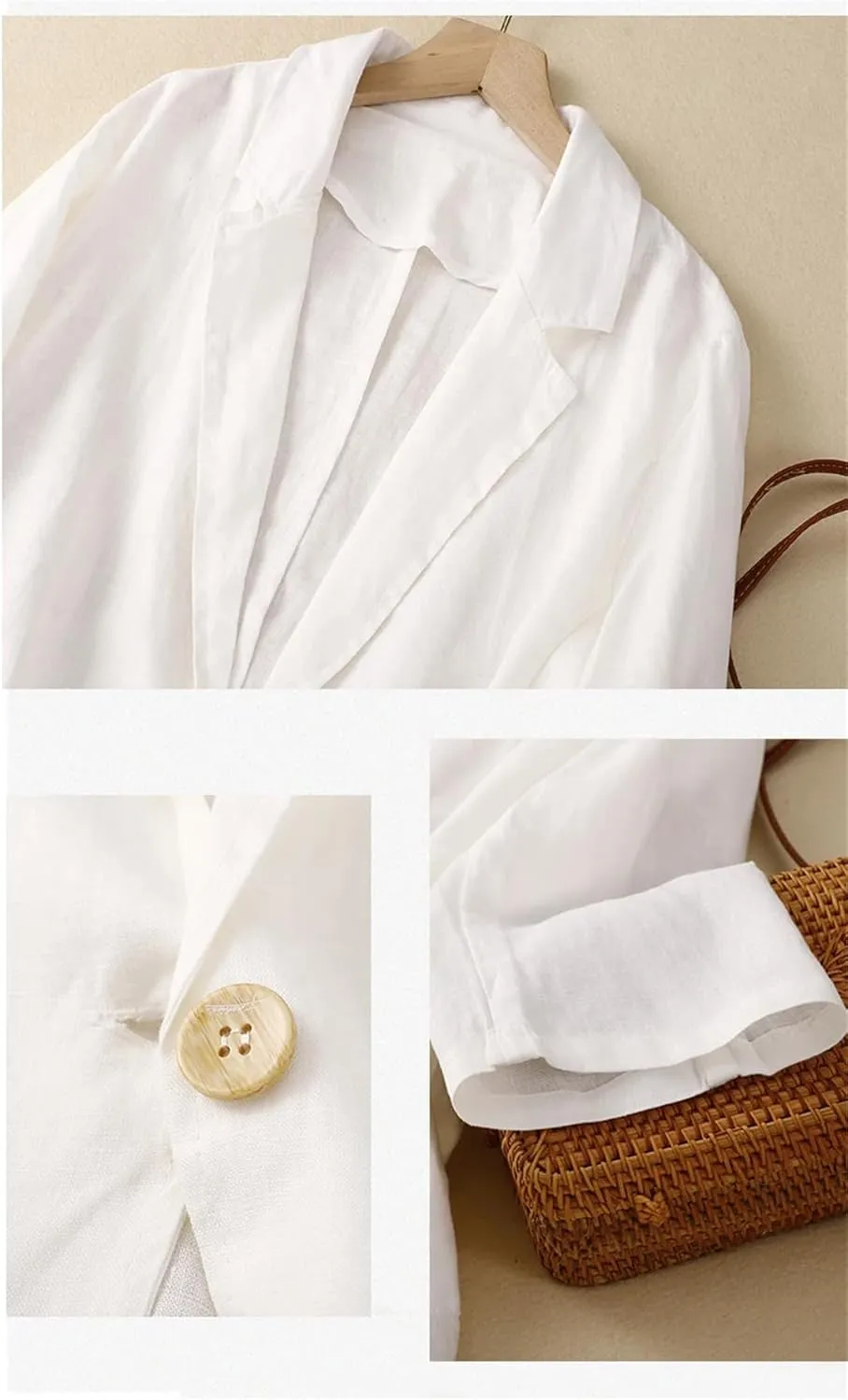 Women's Cotton and Linen Solid Color 3/4 Sleeve Suit Jacket Spring Autumn Loose Casual Blazer