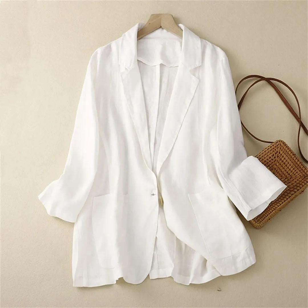 Women's Cotton and Linen Solid Color 3/4 Sleeve Suit Jacket Spring Autumn Loose Casual Blazer