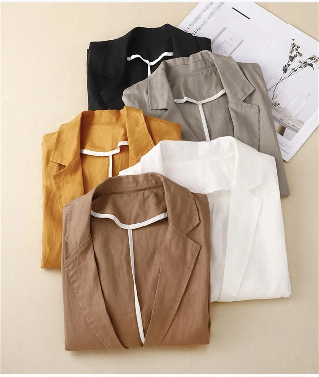 Women's Cotton and Linen Solid Color 3/4 Sleeve Suit Jacket Spring Autumn Loose Casual Blazer