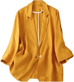 Women's Cotton and Linen Solid Color 3/4 Sleeve Suit Jacket Spring Autumn Loose Casual Blazer