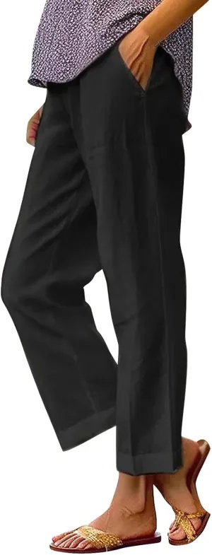Women's Cotton Linen Casual Cropped Pants Classic Solid Color Straight Leg Baggy Trousers with Pockets Simple Versatile Pant