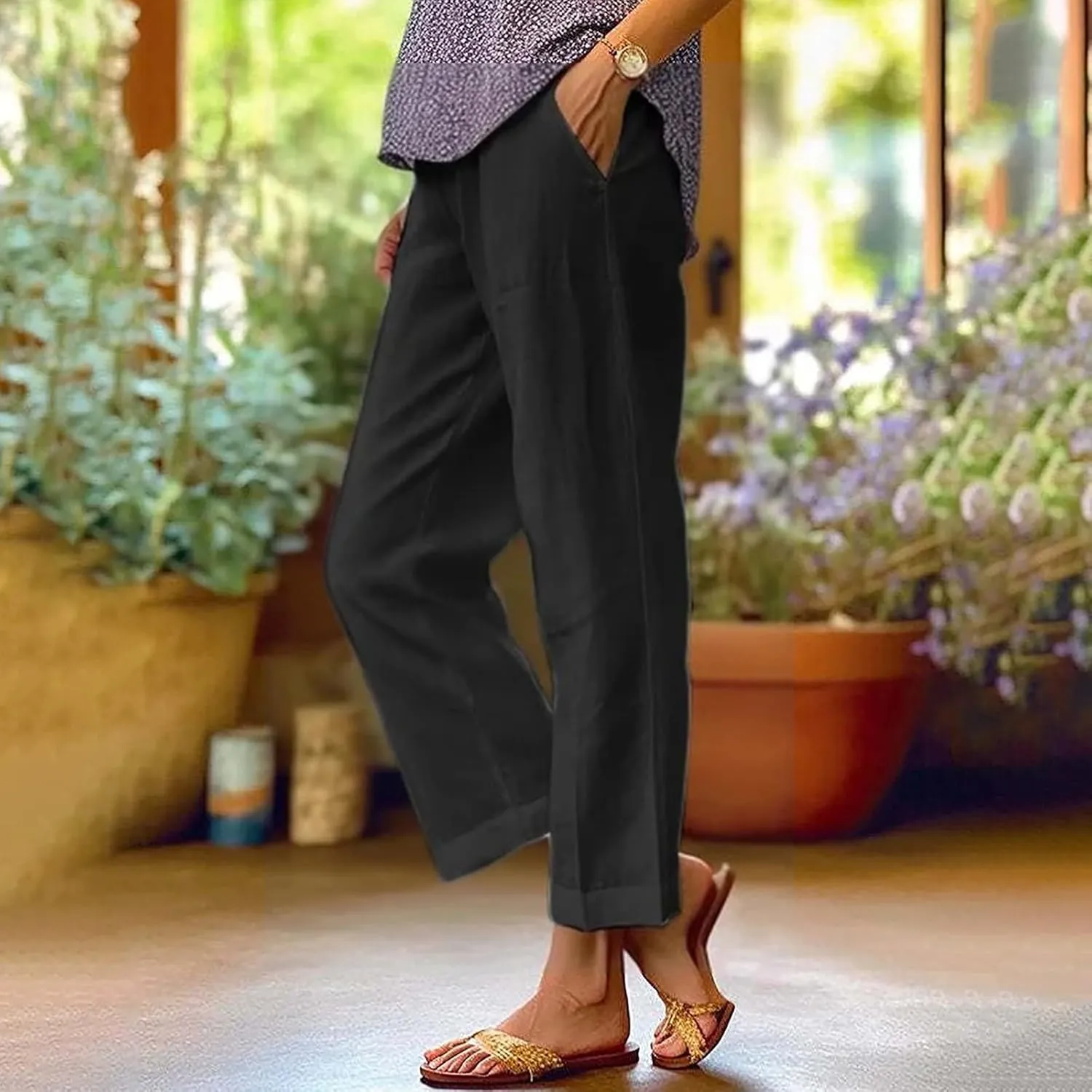 Women's Cotton Linen Casual Cropped Pants Classic Solid Color Straight Leg Baggy Trousers with Pockets Simple Versatile Pant