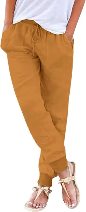 Womens Cotton Linen Pants Summer Elastic Waist Drawstring Loose Long Pants Solid Color Simple Trousers with Pockets