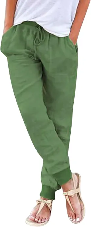 Womens Cotton Linen Pants Summer Elastic Waist Drawstring Loose Long Pants Solid Color Simple Trousers with Pockets