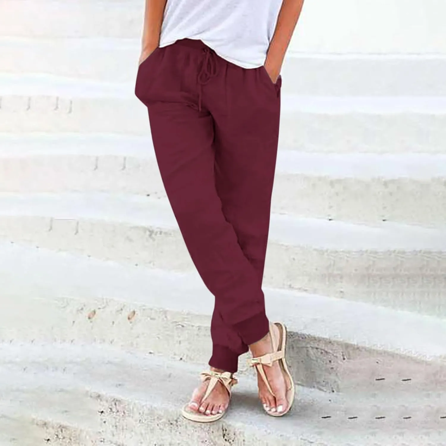 Womens Cotton Linen Pants Summer Elastic Waist Drawstring Loose Long Pants Solid Color Simple Trousers with Pockets