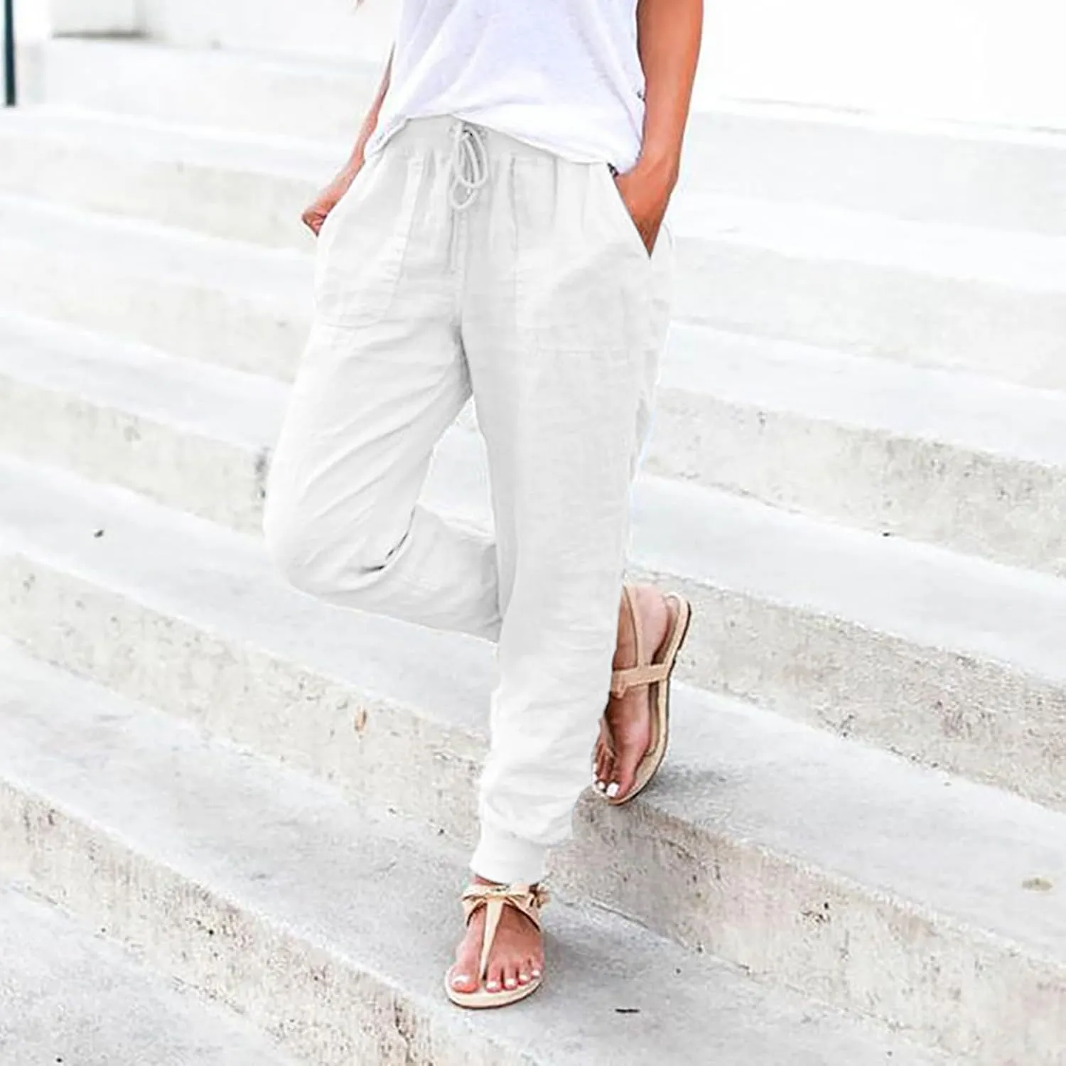 Womens Cotton Linen Pants Summer Elastic Waist Drawstring Loose Long Pants Solid Color Simple Trousers with Pockets