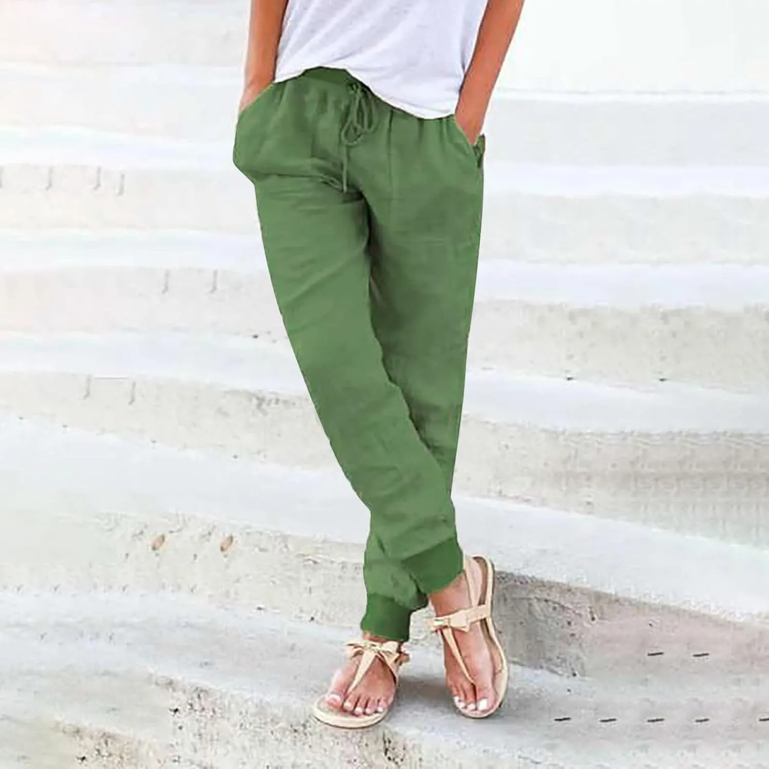 Womens Cotton Linen Pants Summer Elastic Waist Drawstring Loose Long Pants Solid Color Simple Trousers with Pockets
