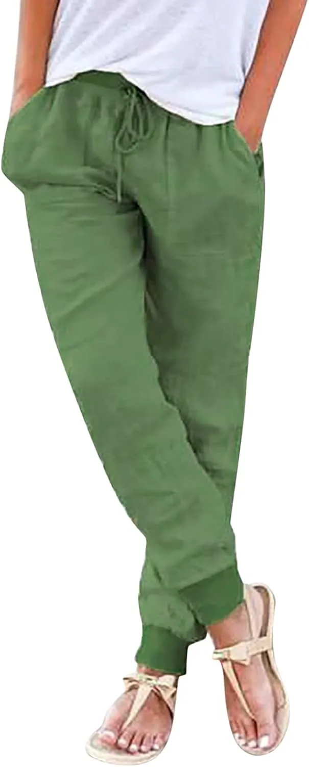 Womens Cotton Linen Pants Summer Elastic Waist Drawstring Loose Long Pants Solid Color Simple Trousers with Pockets