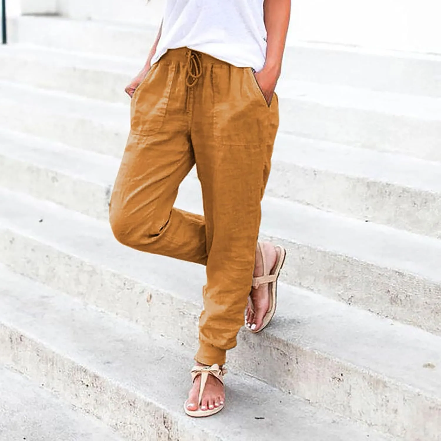 Womens Cotton Linen Pants Summer Elastic Waist Drawstring Loose Long Pants Solid Color Simple Trousers with Pockets