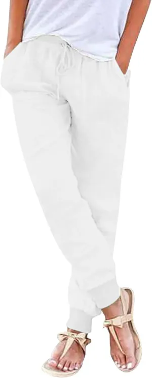 Womens Cotton Linen Pants Summer Elastic Waist Drawstring Loose Long Pants Solid Color Simple Trousers with Pockets