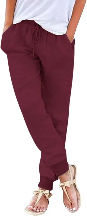 Womens Cotton Linen Pants Summer Elastic Waist Drawstring Loose Long Pants Solid Color Simple Trousers with Pockets