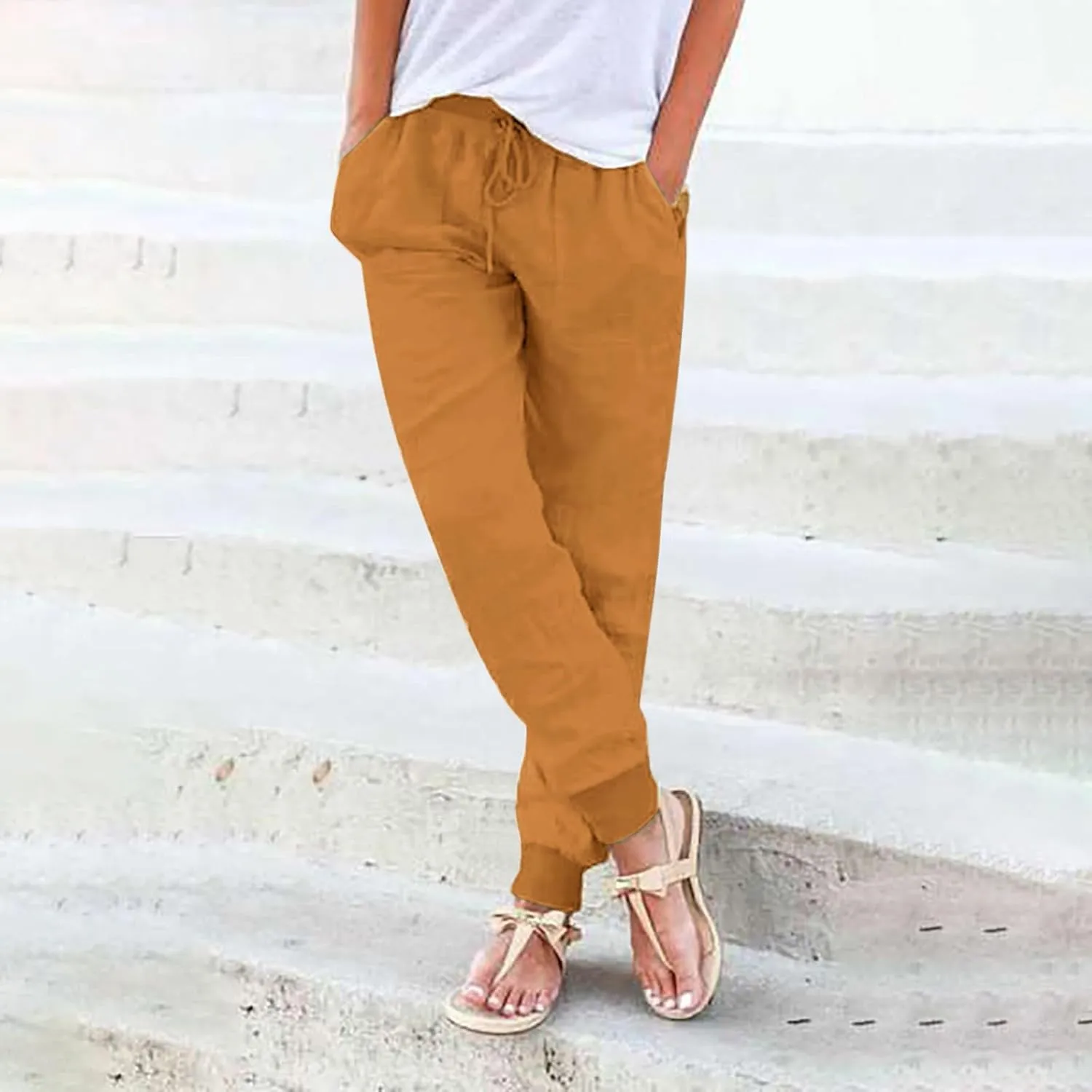 Womens Cotton Linen Pants Summer Elastic Waist Drawstring Loose Long Pants Solid Color Simple Trousers with Pockets