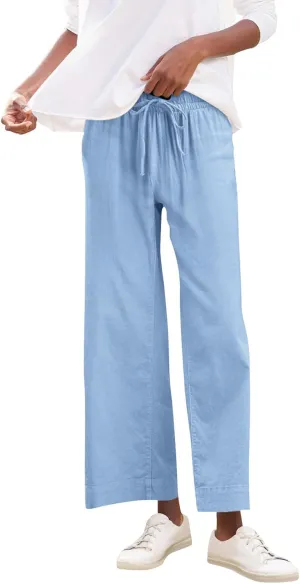 Womens Cotton Linen Pants Versatile Straight Leg Drawstring Strentch Waisted Solid Outdoor Trousers with Pockets